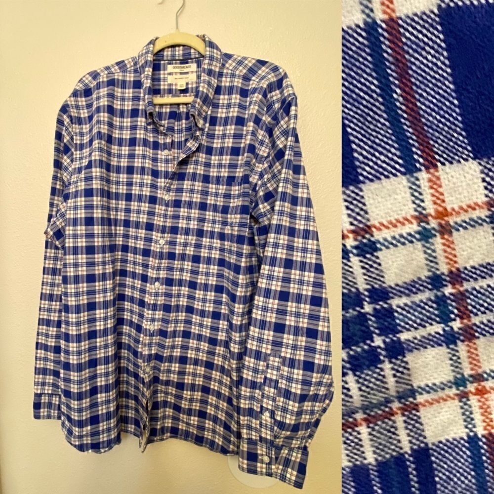Goodthreads Oxford Men's Slim Long Sleeve Stretch cotton Plaid BLUE Shirt-XXXL